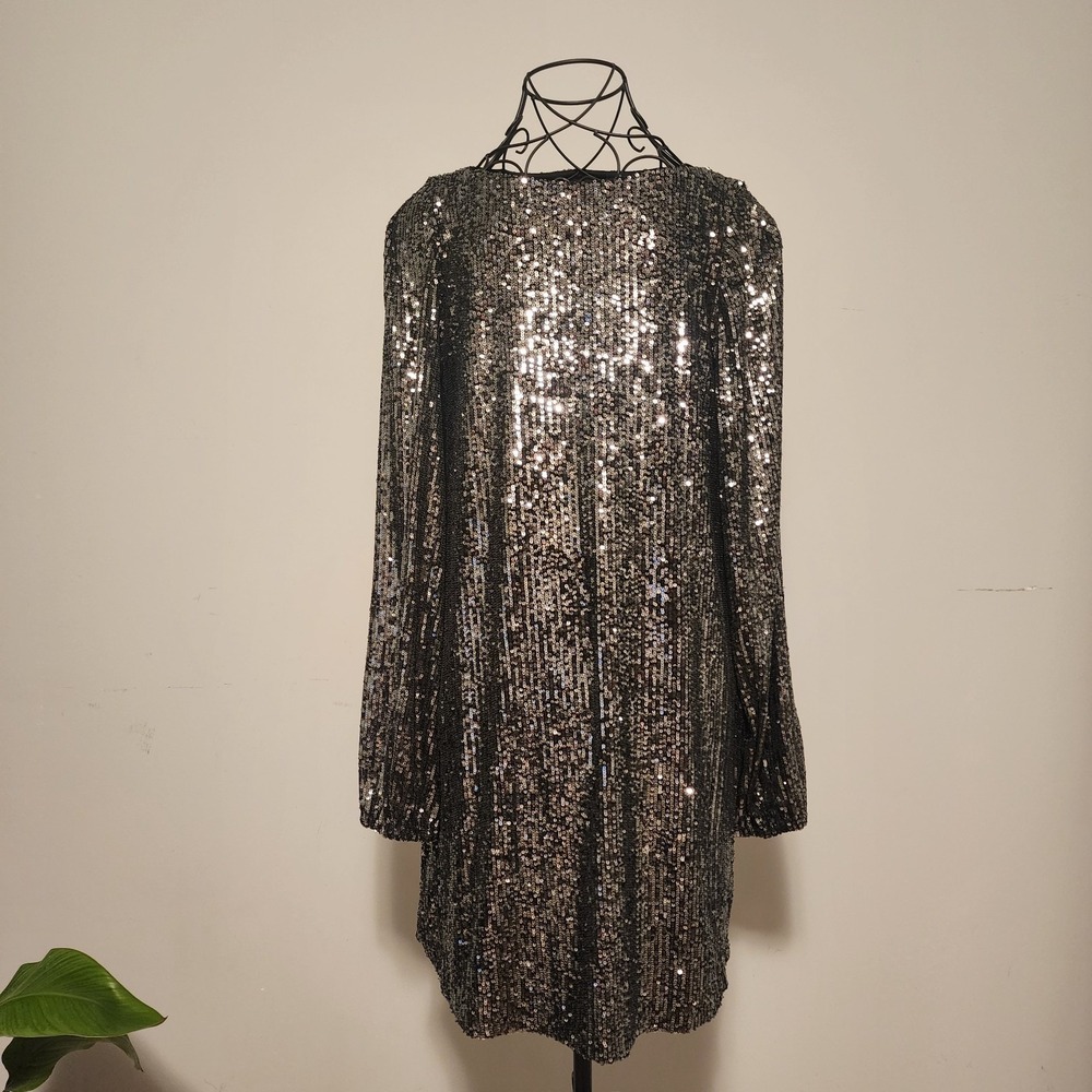 Steve Madden Sequin Mini Dress Long Sleeve Silver Black Party Holiday Size Small